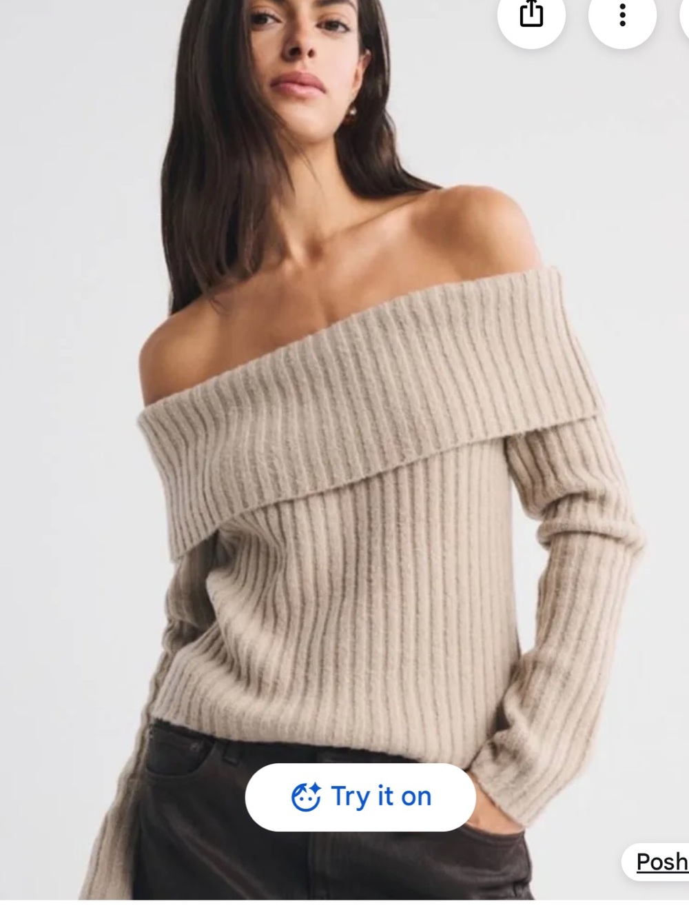 Abercrombie and fitch Ribbed Foldover Off-The-Shoulder Sweater tan